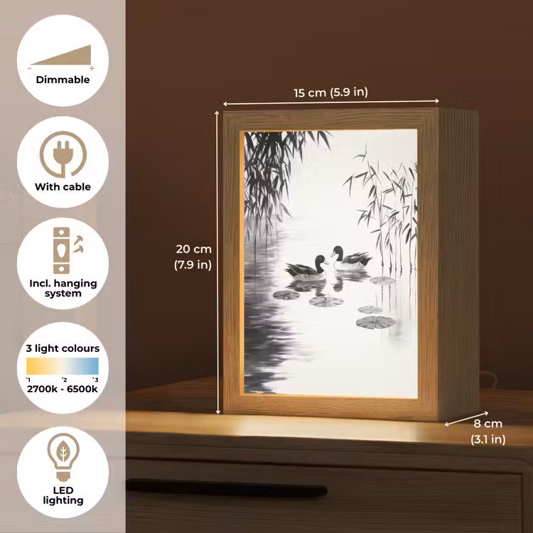 Eenden - Waterlelies - Riet - Zwart Light Box met kabel (Tafellamp) klein -USP_EN