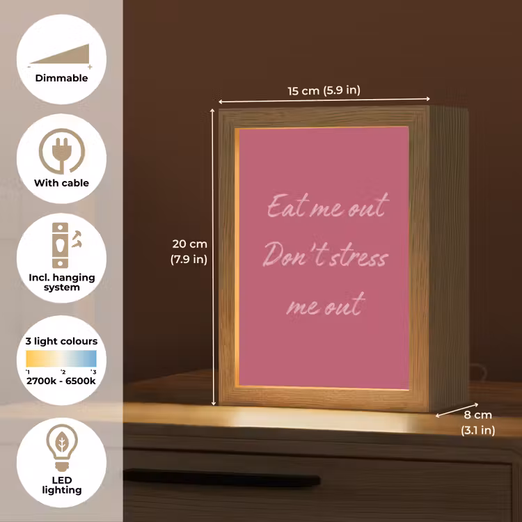eat me out don't stress me out - Roze - Minimalistisch Light Box met kabel (Tafellamp) klein -USP_EN
