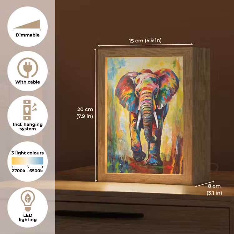 Olifant - Kunst - Schilderij - Dieren - Regenboog Light Box met kabel (Tafellamp) klein -USP_EN