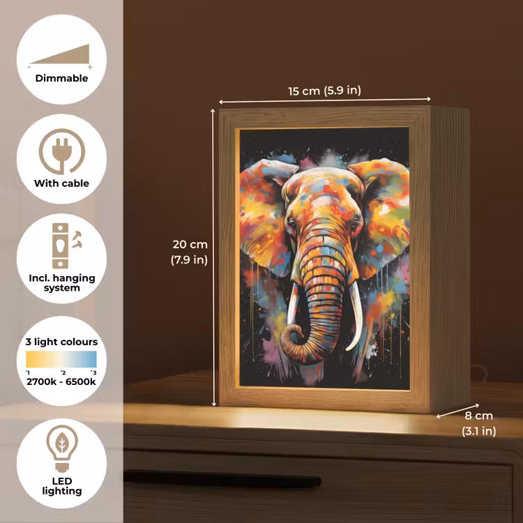 Olifant - Graffiti - Zwart - Dieren - Kleuren Light Box met kabel (Tafellamp) klein -USP_EN