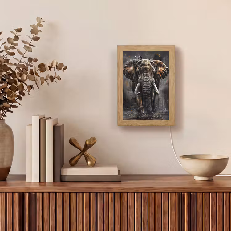Olifant - Watercolor - Wilde dieren - Luxe Light Box met kabel (Tafellamp) klein -sfeer2