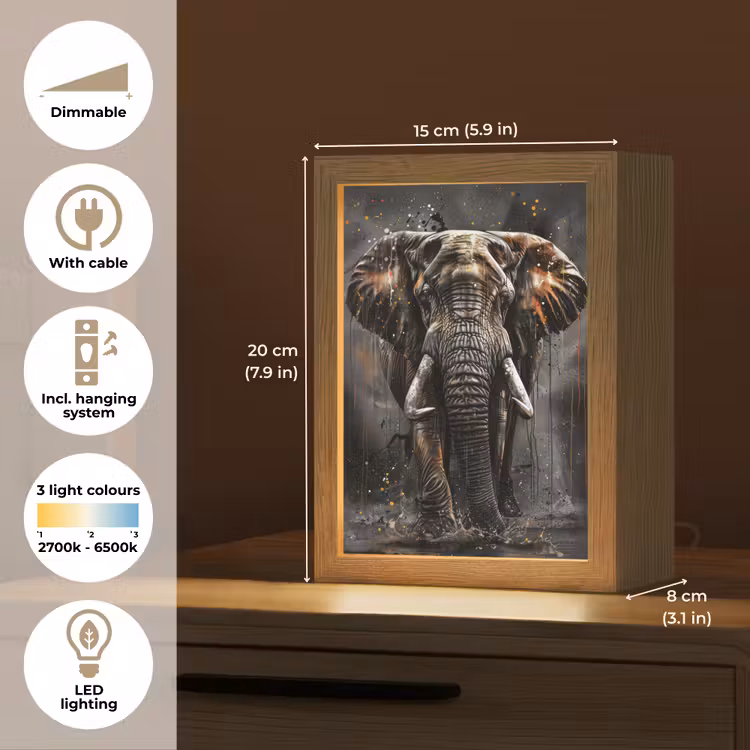 Olifant - Watercolor - Wilde dieren - Luxe Light Box met kabel (Tafellamp) klein -USP_EN