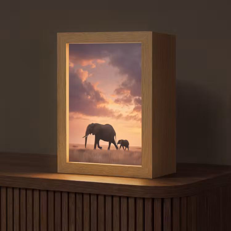 Olifanten - Grasland - Zonsondergang Light Box met kabel (Tafellamp) klein -z3d_website