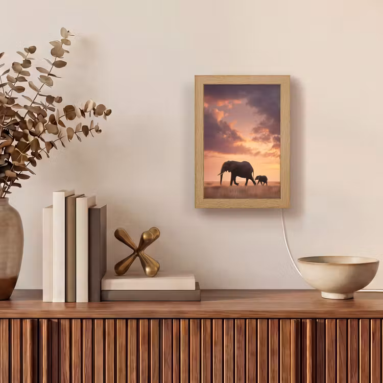 Olifanten - Grasland - Zonsondergang Light Box met kabel (Tafellamp) klein -sfeer2
