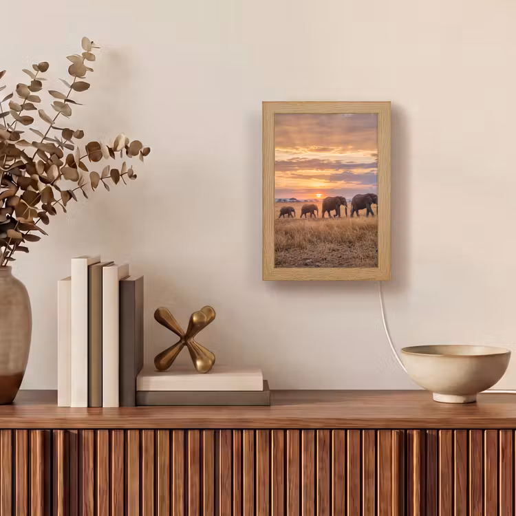 Olifanten - Savanne - Zonsondergang - Afrika - Warm Light Box met kabel (Tafellamp) klein -sfeer2