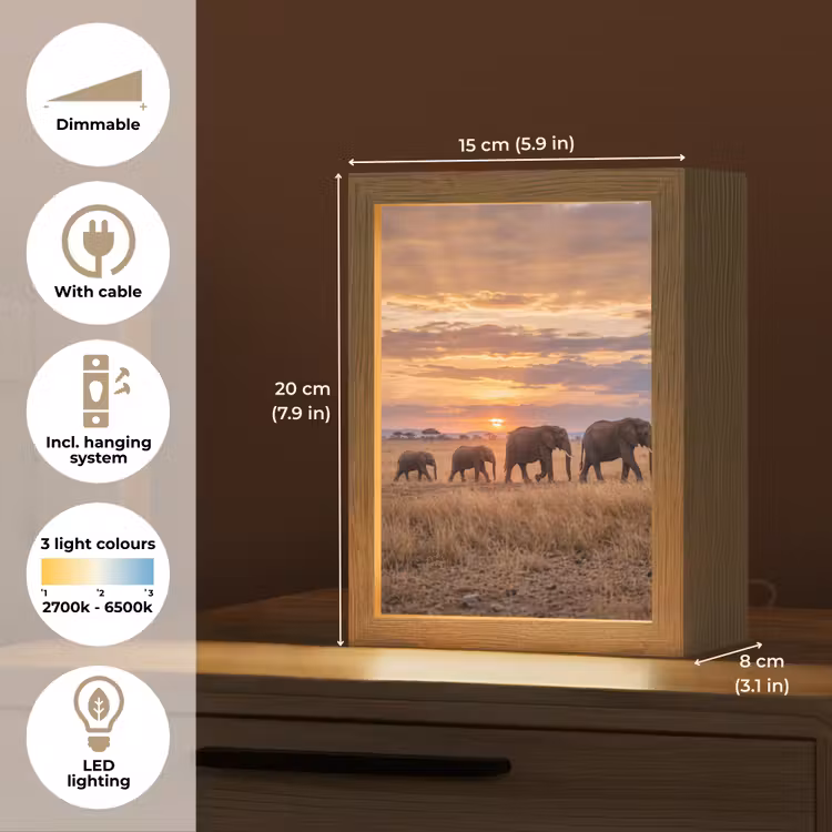 Olifanten - Savanne - Zonsondergang - Afrika - Warm Light Box met kabel (Tafellamp) klein -USP_EN