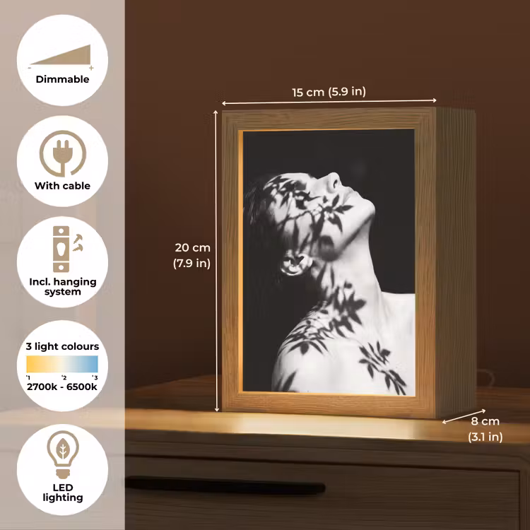 Gezicht - Schaduw - Bladeren - Zwart - Wit - Intiem Light Box met kabel (Tafellamp) klein -USP_EN