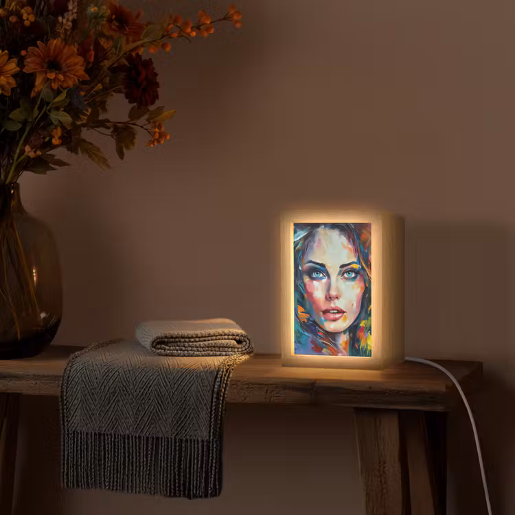 Gezicht - Vrouw - Olieverf - Kleurrijk - Kunst Light Box met kabel (Tafellamp) klein -sfeer4