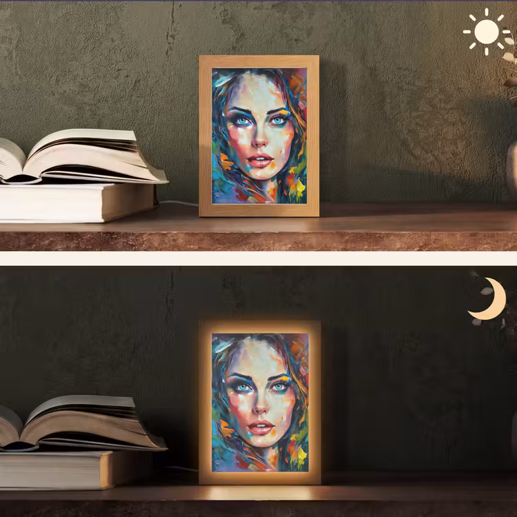 Gezicht - Vrouw - Olieverf - Kleurrijk - Kunst Light Box met kabel (Tafellamp) klein -sfeer3