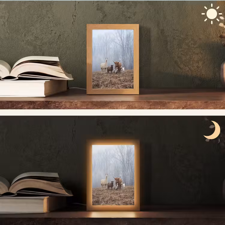 Boerderijdieren - Groep - Mist - Natuur - Rustiek Light Box met kabel (Tafellamp) klein -sfeer3
