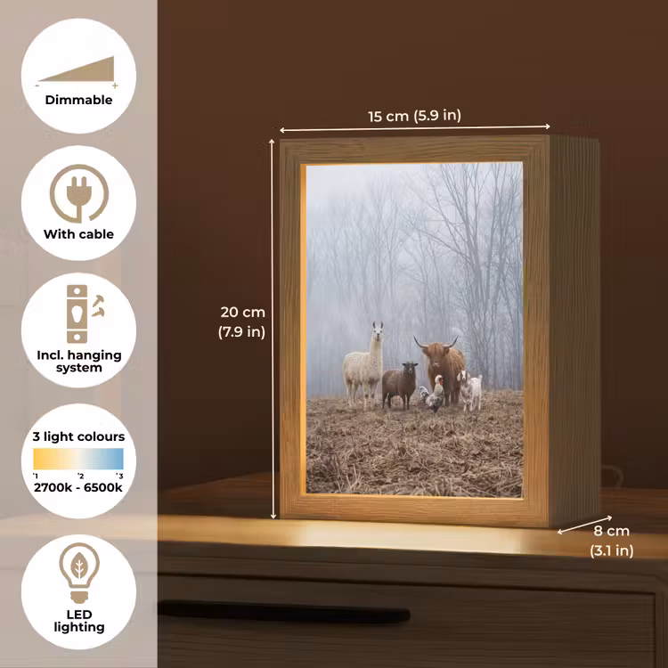 Boerderijdieren - Groep - Mist - Natuur - Rustiek Light Box met kabel (Tafellamp) klein -USP_EN