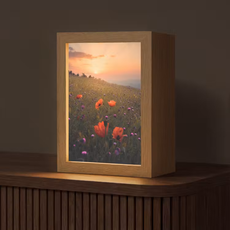 Bloemenveld - Gras - Bloemen - Planten - Zonsondergang - Oranje Light Box met kabel (Tafellamp) klein -z3d_website