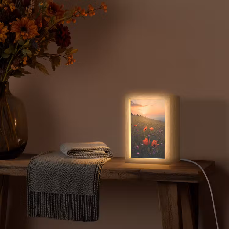 Bloemenveld - Gras - Bloemen - Planten - Zonsondergang - Oranje Light Box met kabel (Tafellamp) klein -sfeer4