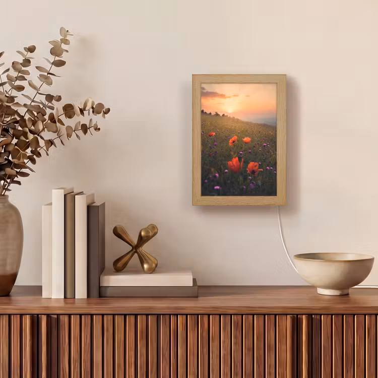 Bloemenveld - Gras - Bloemen - Planten - Zonsondergang - Oranje Light Box met kabel (Tafellamp) klein -sfeer2