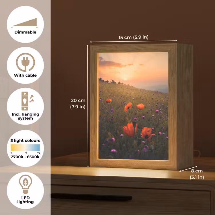 Bloemenveld - Gras - Bloemen - Planten - Zonsondergang - Oranje Light Box met kabel (Tafellamp) klein -USP_EN