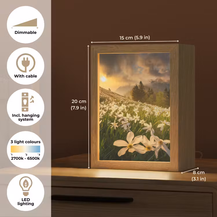 Bloemenveld - Heuvels - Zonsondergang - Berg - Natuur - Wit - Heuvels Light Box met kabel (Tafellamp) klein -USP_EN