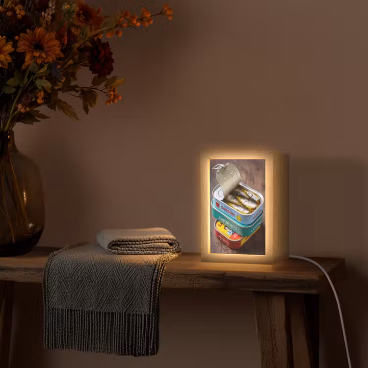 Table Lamp - Fish - Cans - Kitchen - Vis - Blikjes - Keuken Light Box met kabel (Tafellamp) klein