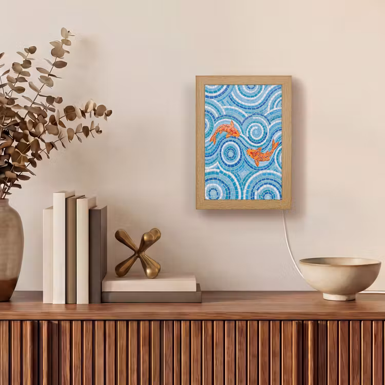 Vis - Mozaïek - Water - Decoratief - Blauw Light Box met kabel (Tafellamp) klein -sfeer2