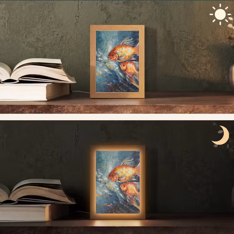 Vissen - Water - Dieren - Kunst - Olieverf Light Box met kabel (Tafellamp) klein -sfeer3