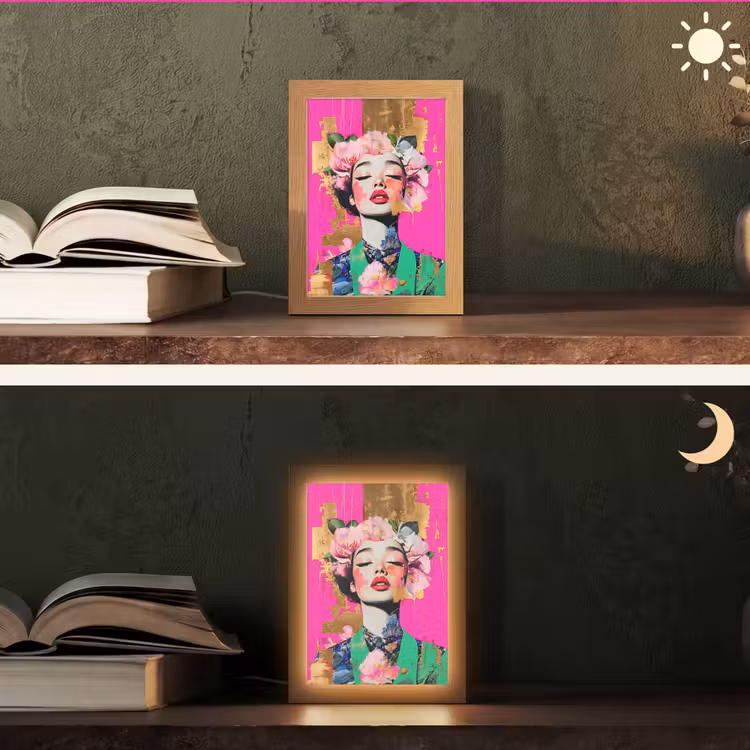 Bloemenkroon - Goud - Vrouw - Portret Light Box met kabel (Tafellamp) klein -sfeer3