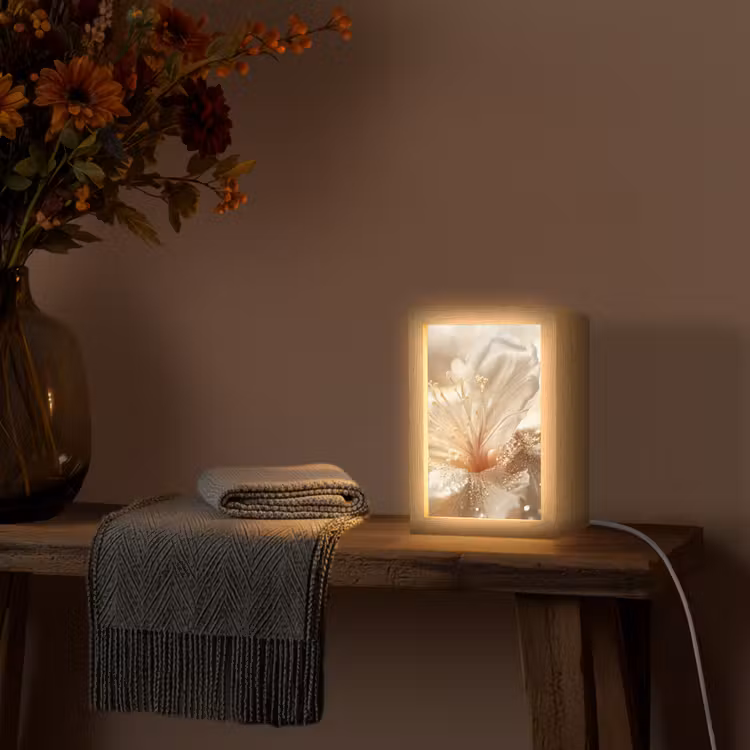 Bloem - Wit - Glitter - Goud - Modern Light Box met kabel (Tafellamp) klein -sfeer4