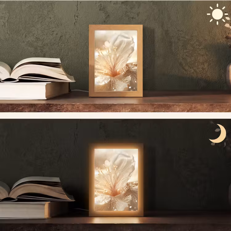 Bloem - Wit - Glitter - Goud - Modern Light Box met kabel (Tafellamp) klein -sfeer3