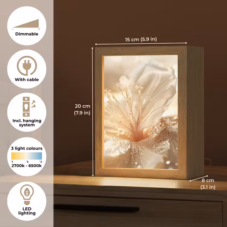 Bloem - Wit - Glitter - Goud - Modern Light Box met kabel (Tafellamp) klein -USP_EN