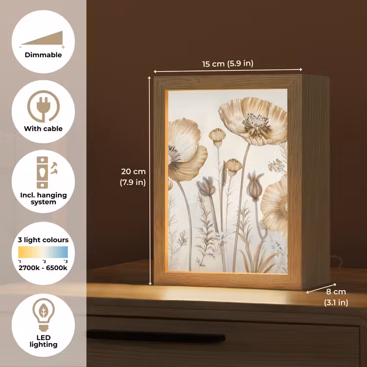 Bloemen - Beige - Natuur - Illustratie Light Box met kabel (Tafellamp) klein -USP_EN