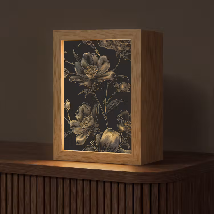 Bloemen - Zwart - Goud - Line art Light Box met kabel (Tafellamp) klein -z3d_website