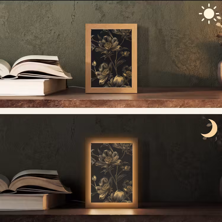 Bloemen - Zwart - Goud - Line art Light Box met kabel (Tafellamp) klein -sfeer3