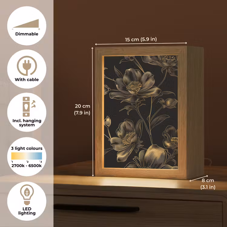 Bloemen - Zwart - Goud - Line art Light Box met kabel (Tafellamp) klein -USP_EN