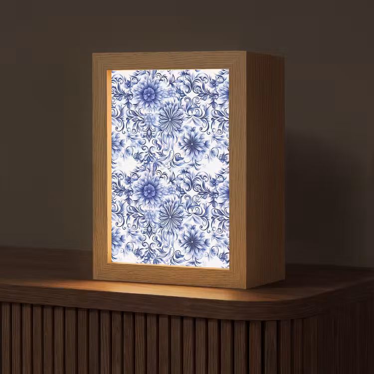 Bloemen - Blauw - Patroon - Wit Light Box met kabel (Tafellamp) klein 925 -z3d_website