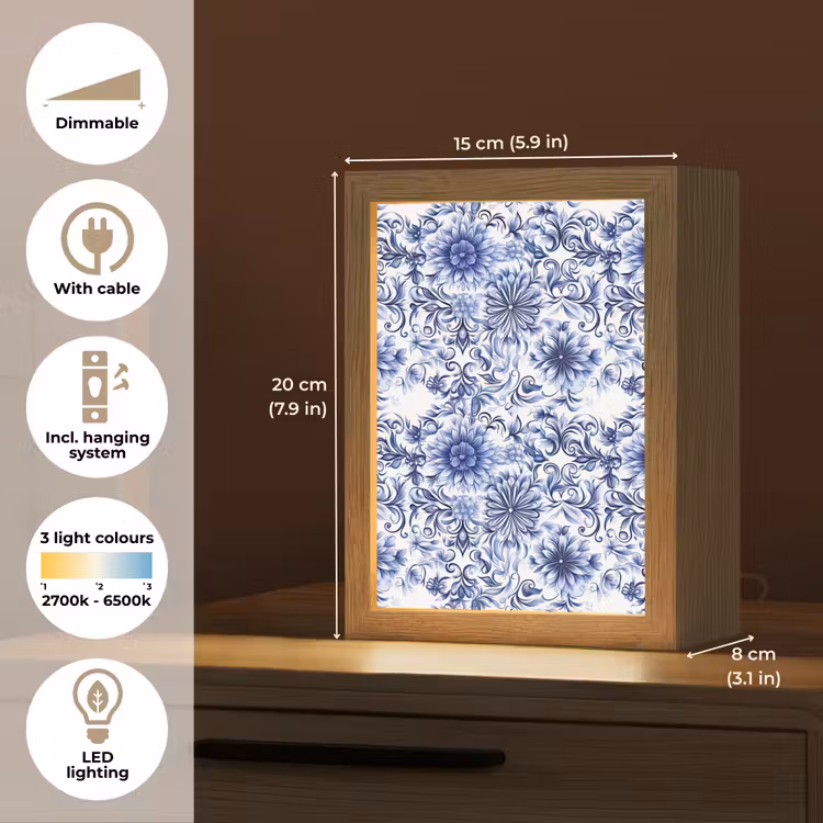 Bloemen - Blauw - Patroon - Wit Light Box met kabel (Tafellamp) klein 925 -USP_EN