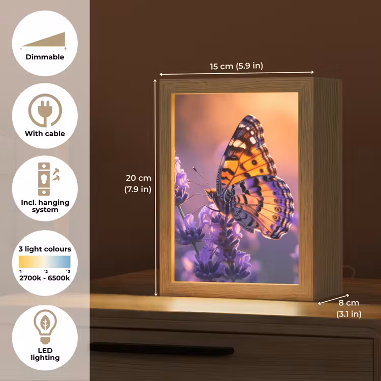Bloemen - Vlinder - Lavendel - Bloem - Natuur Light Box met kabel (Tafellamp) klein -USP_EN