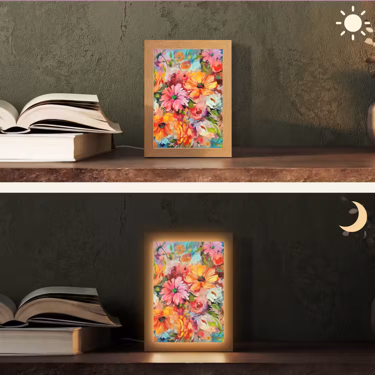 Bloemen - Kleurrijk - Kunst - Olieverf Light Box met kabel (Tafellamp) klein -sfeer3