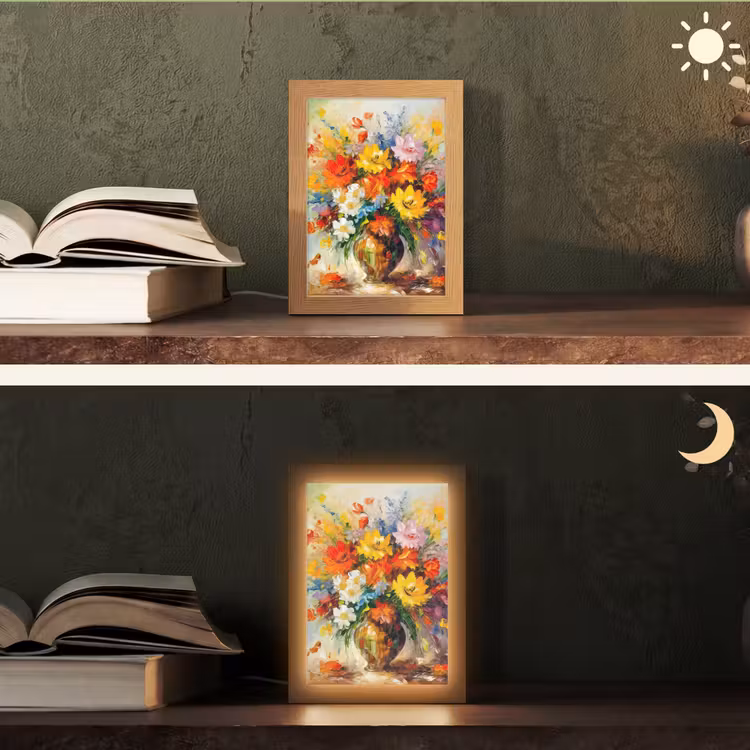 Bloemen - Kleurrijk - Olieverf - Bloempot Light Box met kabel (Tafellamp) klein -sfeer3