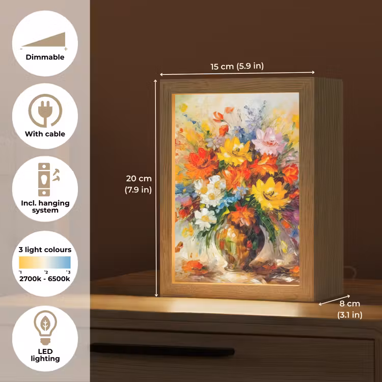 Bloemen - Kleurrijk - Olieverf - Bloempot Light Box met kabel (Tafellamp) klein -USP_EN