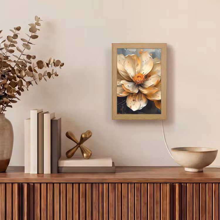 Bloemen - Goud - Kunst - Zwart - Modern Light Box met kabel (Tafellamp) klein -sfeer2