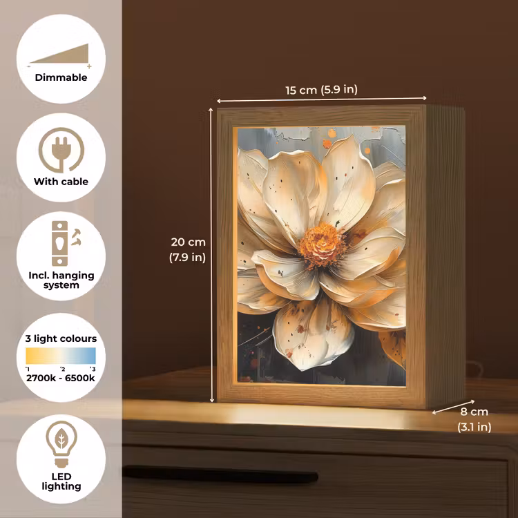 Bloemen - Goud - Kunst - Zwart - Modern Light Box met kabel (Tafellamp) klein -USP_EN