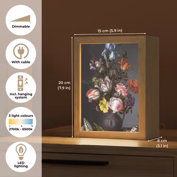 Bloemen in een vaas met schelpen en insecten - Balthasar van der Ast Light Box met kabel (Tafellamp) klein -USP_EN