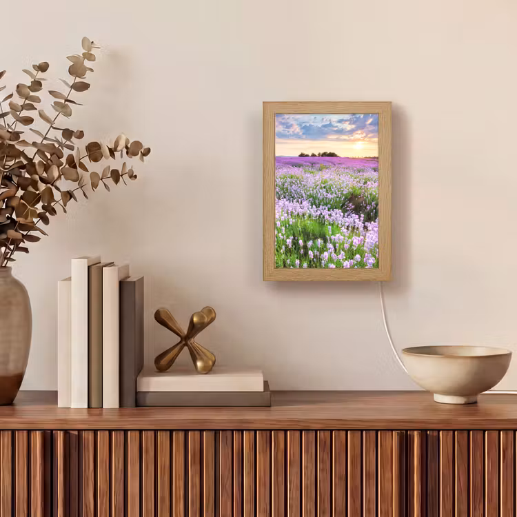 Bloemen - Lavendel - Paars - Lucht - Zonsondergang - Weide - Natuur Light Box met kabel (Tafellamp) klein -sfeer2