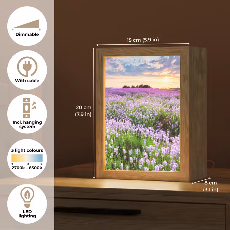 Bloemen - Lavendel - Paars - Lucht - Zonsondergang - Weide - Natuur Light Box met kabel (Tafellamp) klein -USP_EN