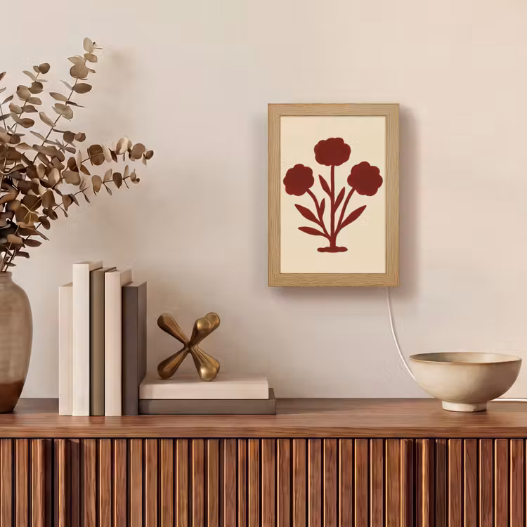 Bloemen - Bladeren - Rood - Minimalistisch Light Box met kabel (Tafellamp) klein -sfeer2