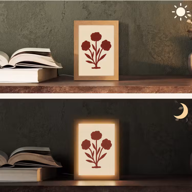 Bloemen - Bladeren - Rood - Minimalistisch Light Box met kabel (Tafellamp) klein -sfeer3