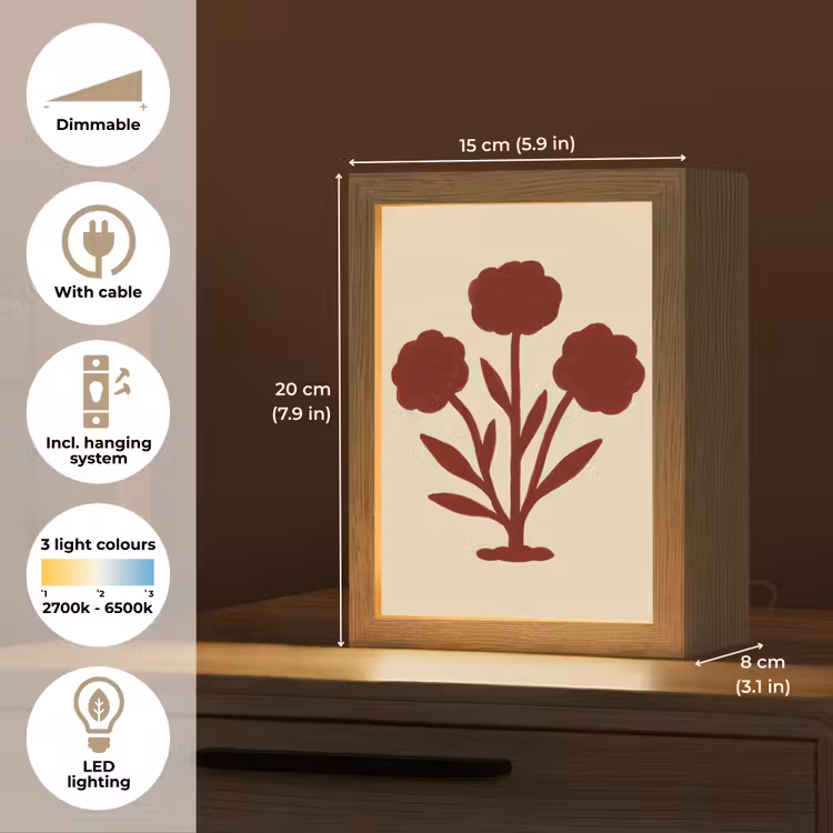 Bloemen - Bladeren - Rood - Minimalistisch Light Box met kabel (Tafellamp) klein -USP_EN