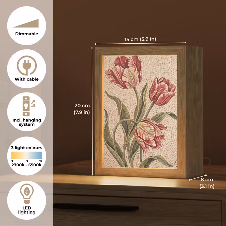 Bloemen - Mozaïek - Rood - Groen - Kunst Light Box met kabel (Tafellamp) klein -USP_EN