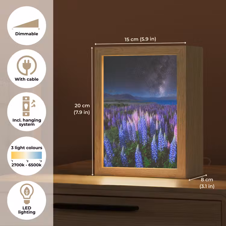 Bloemen - Nacht - Lupine - Sterrenhemel - Paars - Natuur Light Box met kabel (Tafellamp) klein -USP_EN