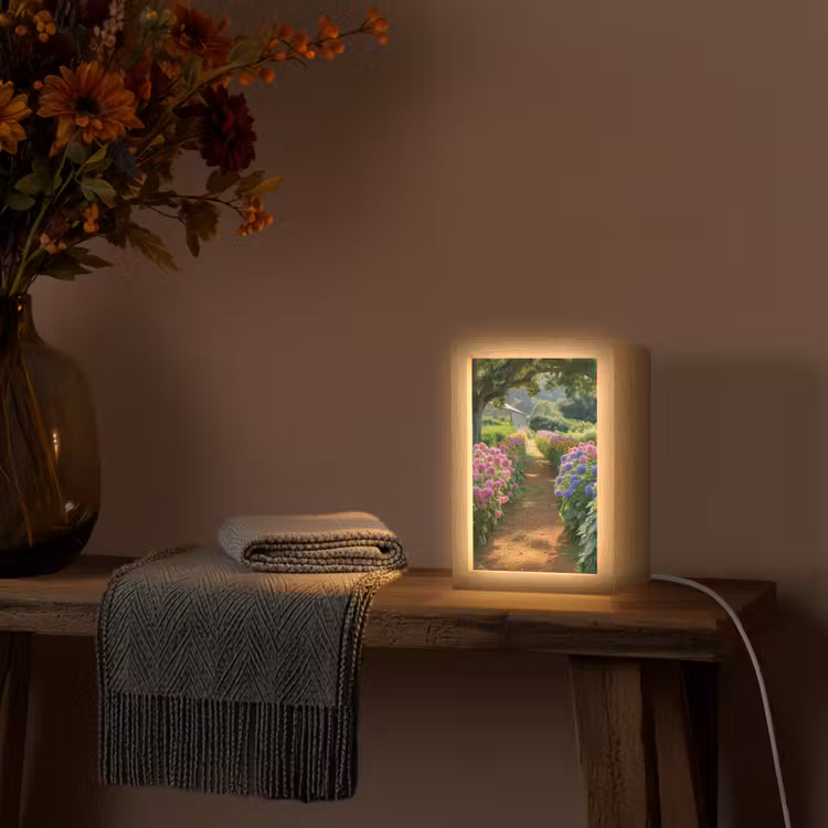 Bloemen - Pad - Zonnebloemen - Tuin - Hortensia Light Box met kabel (Tafellamp) klein -sfeer4