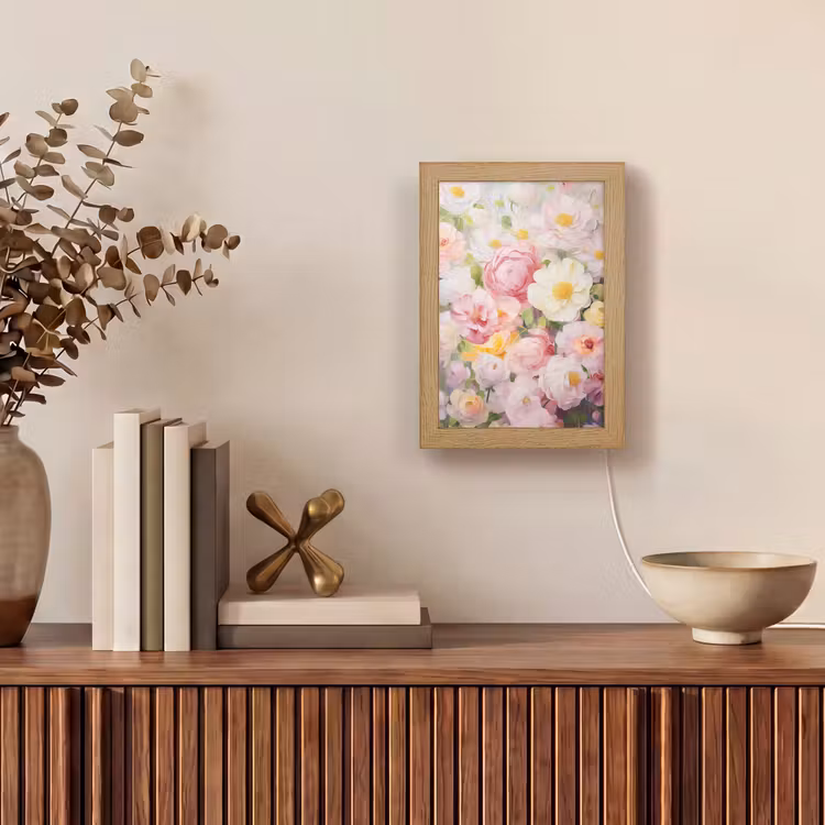 Bloemen - Roze - Botanisch - Kunst - Acrylverf Light Box met kabel (Tafellamp) klein -sfeer2