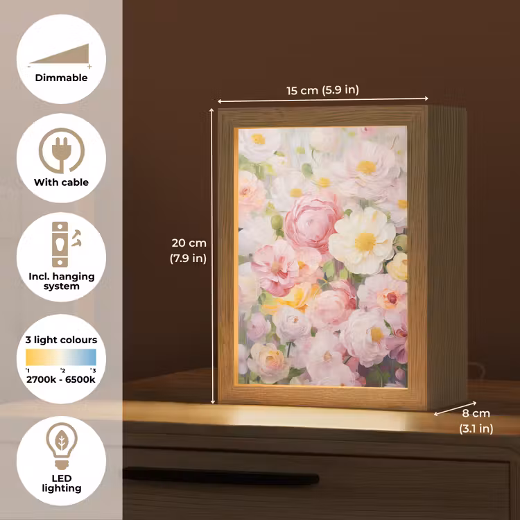 Bloemen - Roze - Botanisch - Kunst - Acrylverf Light Box met kabel (Tafellamp) klein -USP_EN